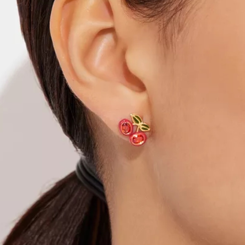 Coach Cherry Stud Earrings in Goldtone with Red and Green Enamel Accents - Picture 2 of 9
